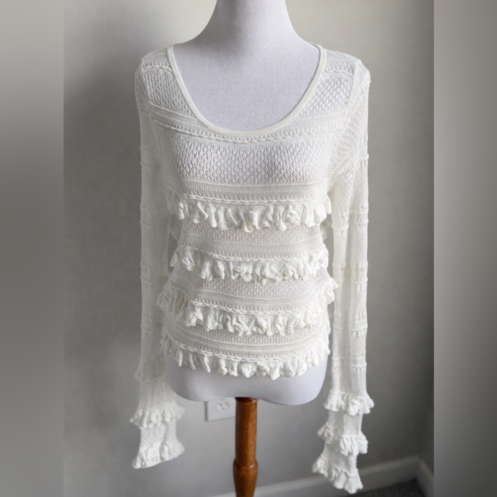 Anthropologie White Ruffled Sheer Knit Blouse | Romantic Statement Top | Size M